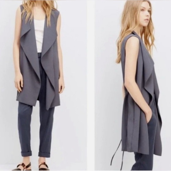 Vince Long Drape Crepe Vest Wrap Leather Tie Waist Belt Gray Small Chic Classic - Picture 1 of 13